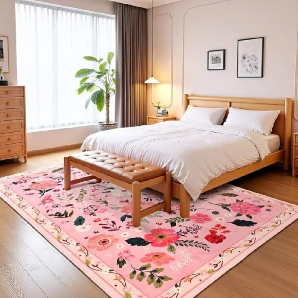New 5x7 Pink Floral Rug, Washable, Non-Slip Carpet for Girls’ Bedroom & Playroom